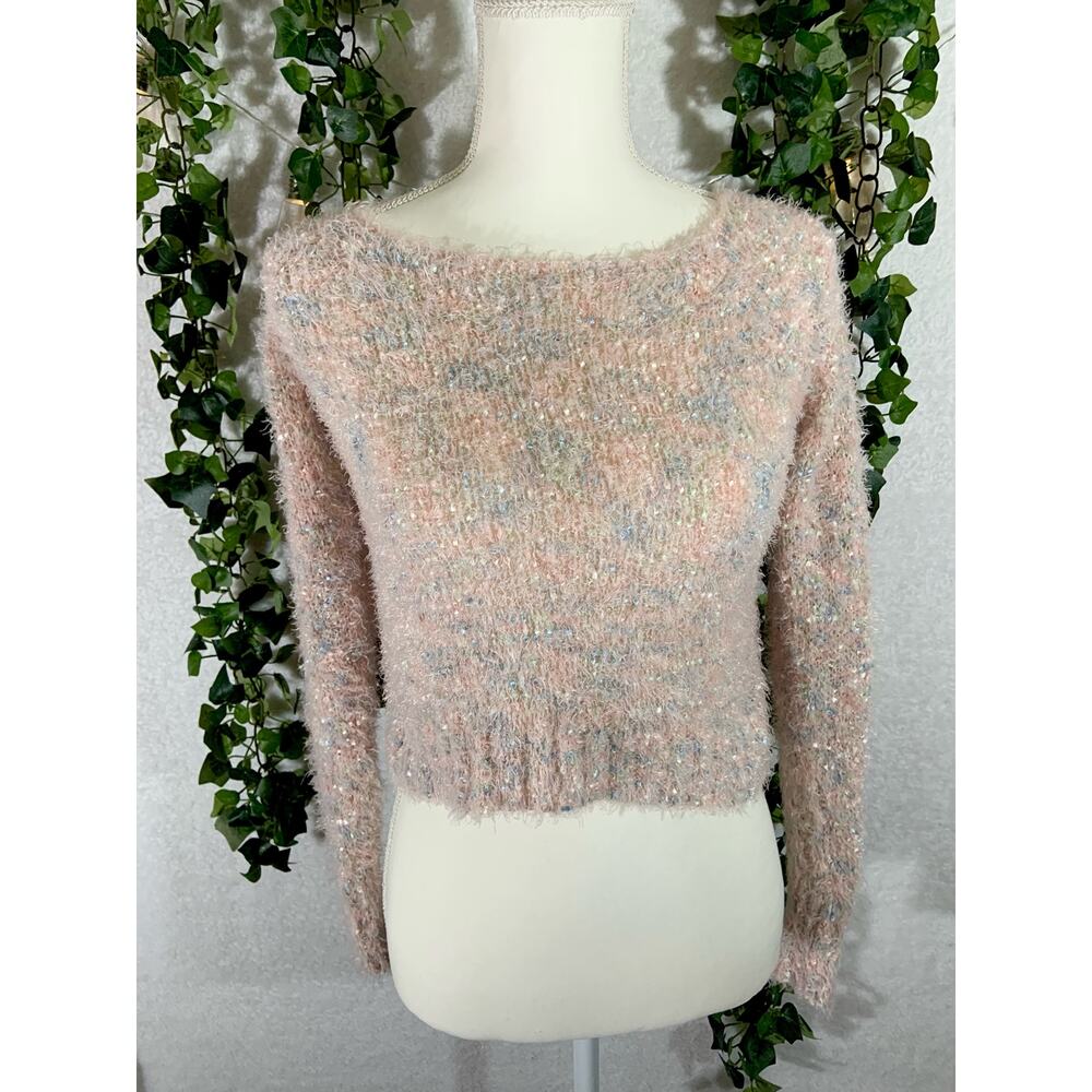Decree Green Pink & Blue mixed fibers Cropped Shiny Coverup Sweater Sz XS